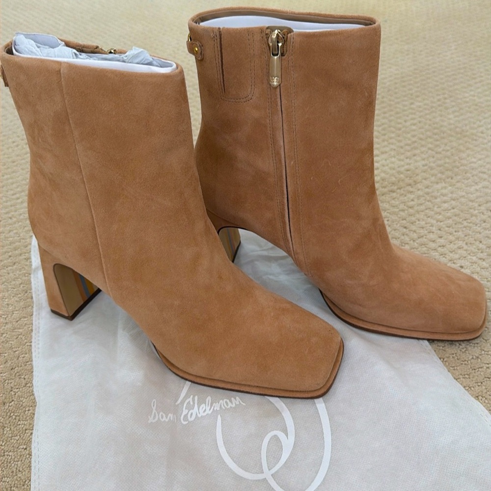 Beige camel colored suede boots by Sam Edelman